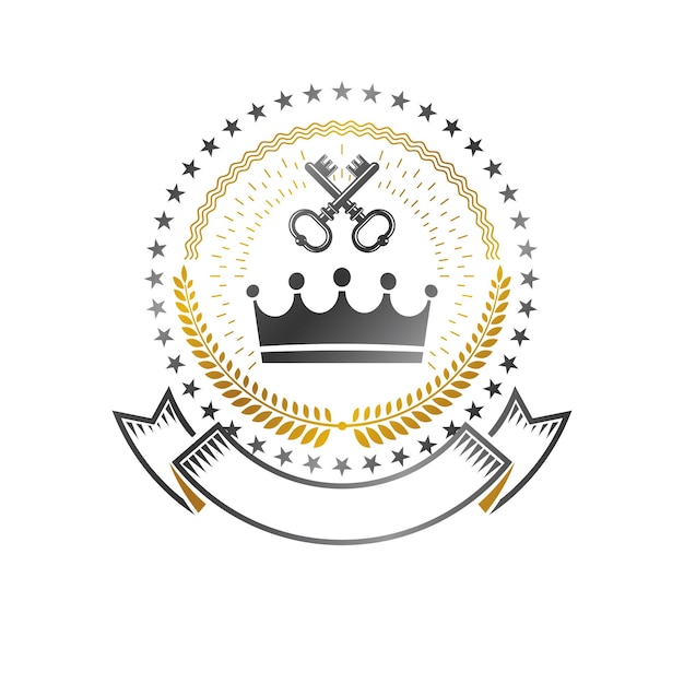 Godło Korony Królewskiej. Heraldyczny Herb Dekoracyjne Logo Na Białym Tle Ilustracji Wektorowych. Logotyp Retro W Starym Stylu Na Białym Tle.