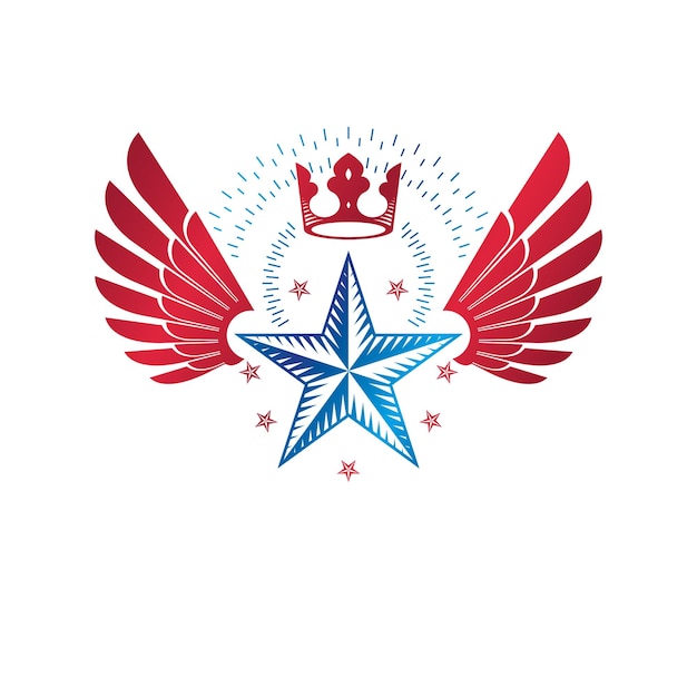 Godło Military Star, Uskrzydlony Symbol Nagrody Zwycięstwa Stworzony Przy Użyciu Korony Cesarskiej. Heraldyczny Herb Dekoracyjne Logo Na Białym Tle Ilustracji Wektorowych.