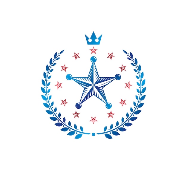Godło Pentagonal Stars, Symbol Unii Stworzony Z Królewską Koroną I Wieńcem Laurowym. Herb Heraldyczny, Logo Vintage Wektor.