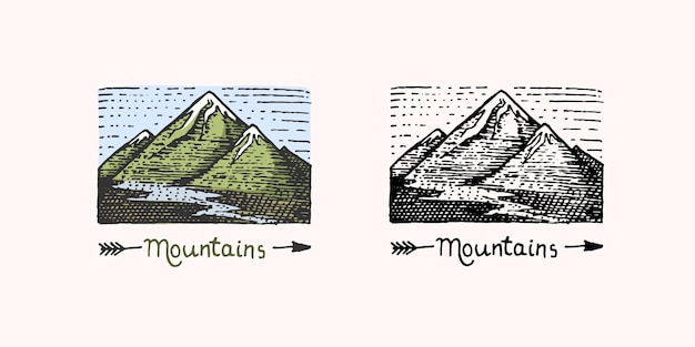 Plik wektorowy godło szczyty górskie grawerowane vintage ręcznie rysowane stare etykiety lub odznaki