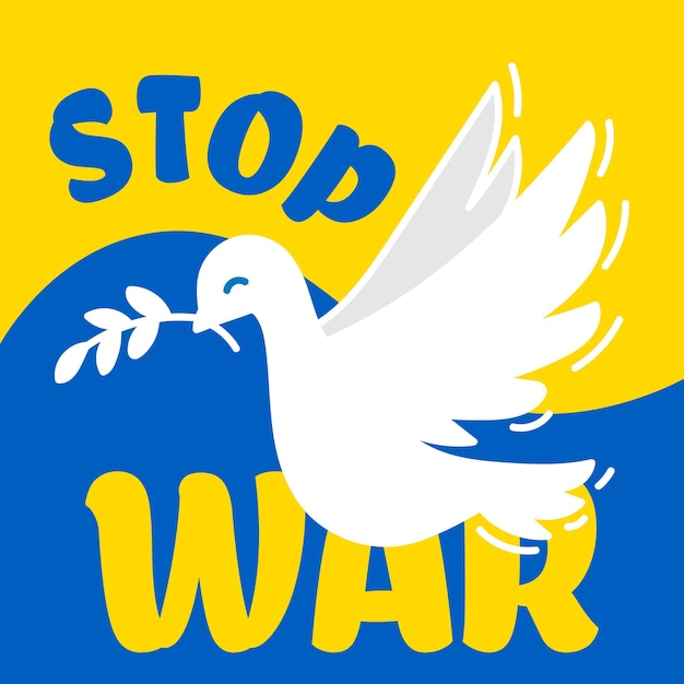Gołąb pokoju na tle ukraińskiej flagi Stop wojnie