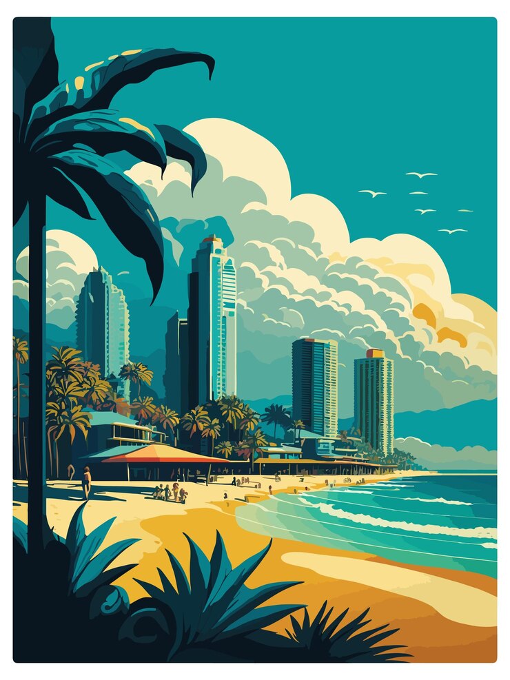Wektor gold coast australia vintage travel poster souvenir postcard portret malowanie ilustracja wpa