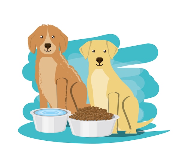 Plik wektorowy golden and labrador retriever dogs with food bowls