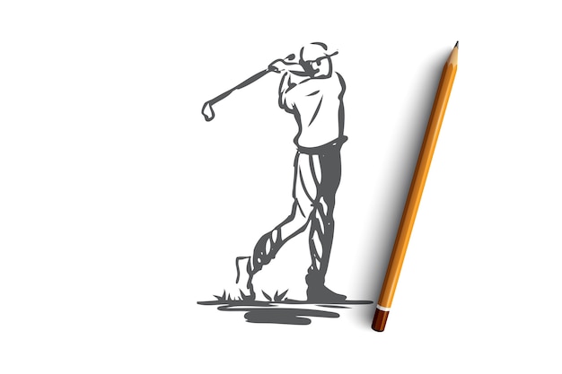 Plik wektorowy golf, turniej, gra, sport, koncepcja golfisty. ręcznie rysowane gracz na szkic koncepcji turnieju golfowego. ilustracja.