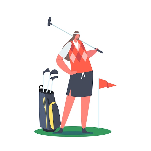 Golfer Kobieta Pozuje Z Kijem Golfowym Na Zielonym Trawniku. Sportsmenka Hobby I Koncepcja Aktywności Na świeżym Powietrzu. Młoda Kobieta Charakter Gry W Golfa Na Białym Tle. Ilustracja Kreskówka Wektor