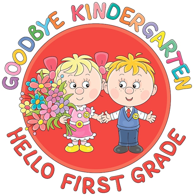 Plik wektorowy goodbye kindergarten card with a happy little boy and girl graduates with colorful flowers