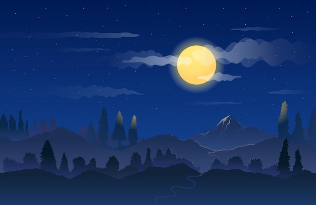 Plik wektorowy góra w nocy z tłem krajobrazu pełni księżyca
