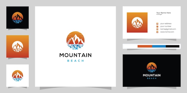 Plik wektorowy góra z morzem, panorama logo plaży i inspiracja szablonu projektu wizytówki