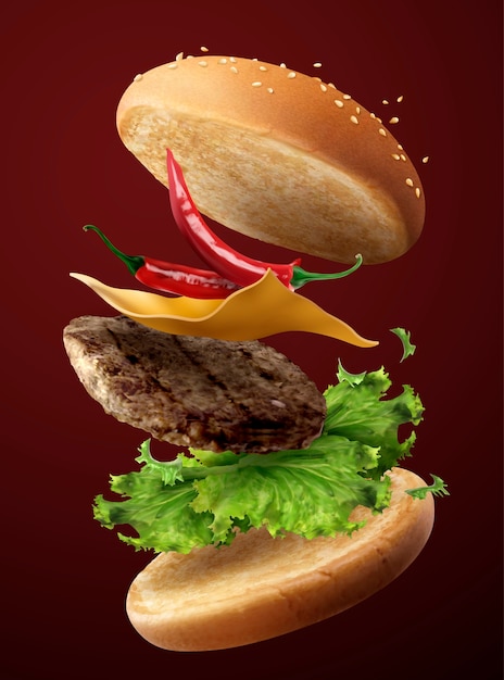 Plik wektorowy gorący chłodno hamburger latający w powietrzu w ilustracji 3d