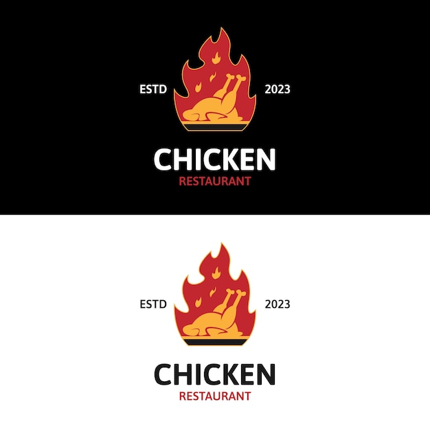 Plik wektorowy gorący kurczak z grilla na ogniu do projektowania logo restauracji retro vintage świeżej i fastfood