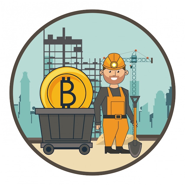 Górniczy bitcoin i pracownik z łopatą i furgonem