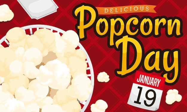 Plik wektorowy górny widok elementów piknikowych na dzień popcornu kukurydza wyskoczyła w misce kwadratowy obrus i kalendarz
