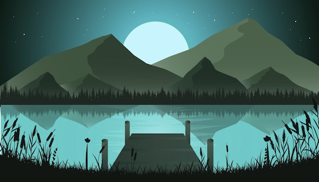 Plik wektorowy górski krajobraz w tle w nocy z drzewami, jeziorem i mini mostem