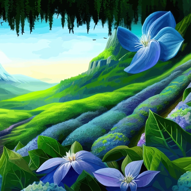 Górski Krajobraz Wiosenny Góry Ze śnieżnymi Szczytami Liliowe Krzewy Kwiatów Kreskówkowe Płaskie Wiosny Przyroda
