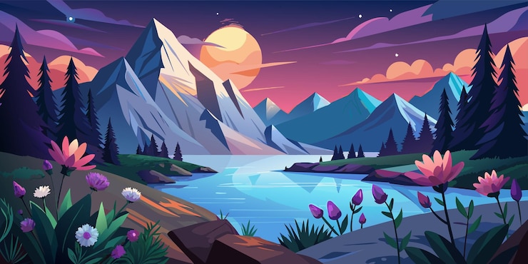 Wektor górski krajobraz z kwiatami ilustracja wektorowa