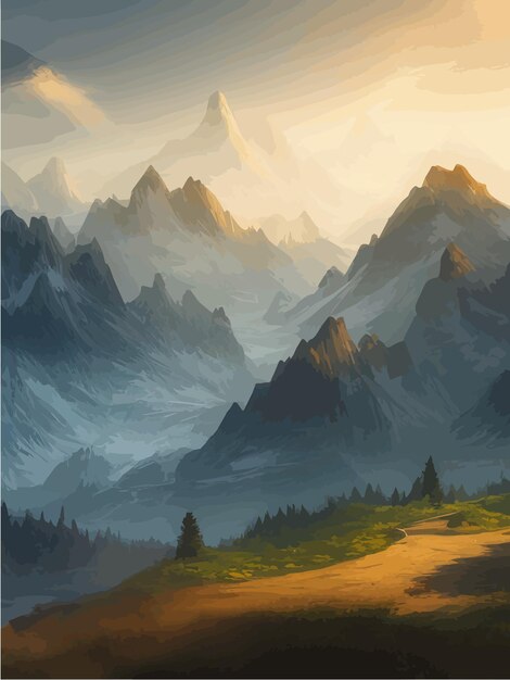 Plik wektorowy góry i jeziora krajobraz rysunkowy góry skaliste las i rzeka scena dzika przyroda mistyczne wędrówki