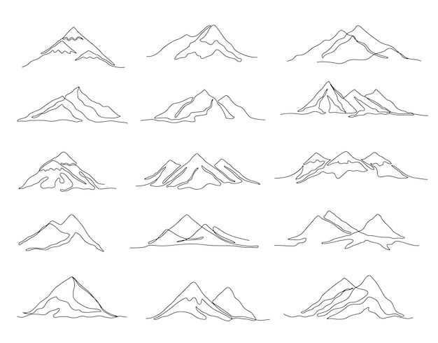 Góry Jednoliniowe Liniowe Pasma Górskie I Ciągłe Szczyty Konturu Podróżują Krajobraz Ilustracji Wektorowych Zestaw