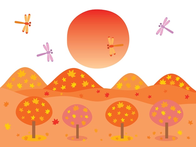Góry Jesiennych Kolorowych Liści Zachodzącego Słońca I Ważek