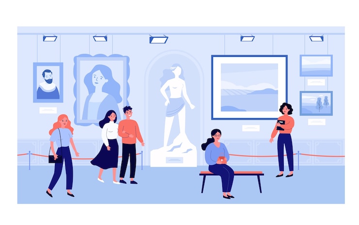 Wektor goście galerii sztuki lub muzeum oglądający ilustrację eksponatów. turyści z kreskówek oglądający obrazy na wycieczce publicznej. koncepcja ekspozycji publicznej i kultury