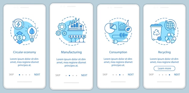 Gospodarka O Obiegu Zamkniętym Szablon Wektor Ekranu Strony Aplikacji Mobilnej Onboarding. Produkcja, Konsumpcja, Recykling. Instruktażowe Kroki Strony Internetowej Z Ilustracjami Liniowymi. Koncepcja Interfejsu Smartfona Ux, Ui, Gui