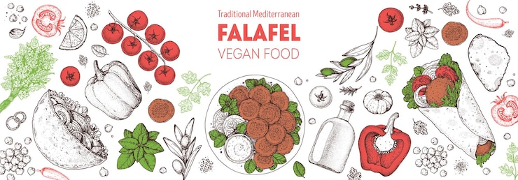 Wektor gotowanie falafel i składniki do ilustracji szkicu falafel rama kuchni bliskiego wschodu elementy projektu ulicznego jedzenia ręcznie rysowane menu i projekt opakowania wegańskie jedzenie