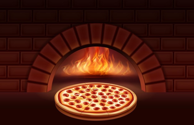 Gotowanie pizzy pepperoni w piecu w ogniu