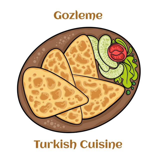 Plik wektorowy gozleme to tureckie ciasto świeżo upieczone apetyczne tureckie tortille gozleme z serem feta kuchnia turecka