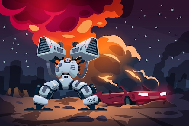 Gra animowana wojna Bitwa robotów obcych Krajobraz z płonącym samochodem i opancerzonymi maszynami w walce Innowacja dron lub egzoszkielet Walka cyborg Wektor futurystyczna scena superbohatera