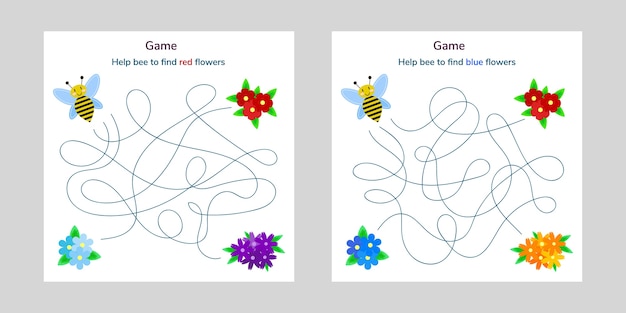 Plik wektorowy gra dla dzieci. labirynt lub labirynt dla dzieci. kreskówka słodkie pszczoły i kwiat. splątana droga.