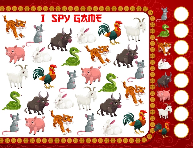 Plik wektorowy gra dla dzieci w liczenie nowego roku, strona aktywności dla dzieci ze zwierzętami z chińskiego zodiaku