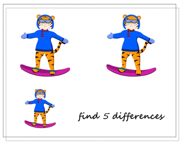 Plik wektorowy gra dla dzieci znajdź różnice zima tygrys na snowboardzie symbolem roku wektor