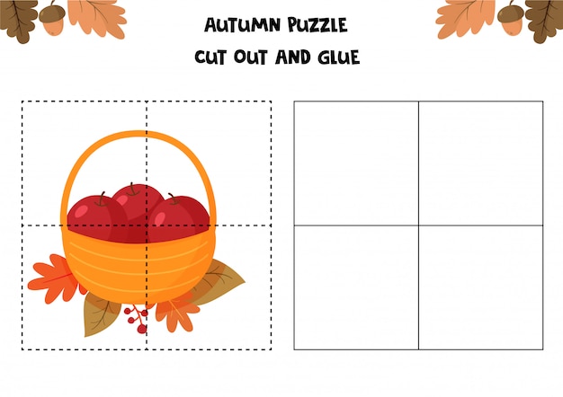 Gra Edukacyjna Dla Dzieci. Arkusz Jesienny Puzzle Dla Dzieci. Wytnij I Przyklej. Kosz Z Jabłkami.