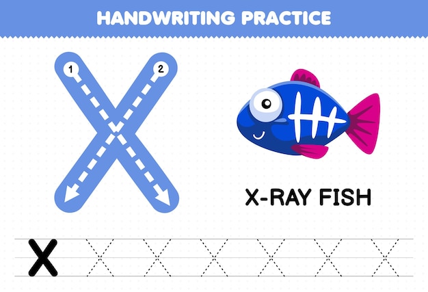 Gra Edukacyjna Dla Dzieci ćwiczenie Pisma Odręcznego Z Wielkimi Literami X Dla Arkusza Do Druku Ryb Xray