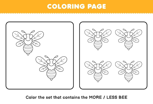 Gra Edukacyjna Dla Dzieci Do Kolorowania Mniej Więcej Obrazek Z Cute Cartoon Bee Line Art Zestaw Do Druku Arkusza Błędów