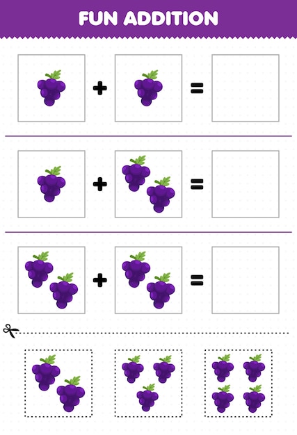 Gra Edukacyjna Dla Dzieci Dodawanie Zabawy Przez Wycięcie I Dopasowanie Arkusza Owoców Z Owoców Winogron