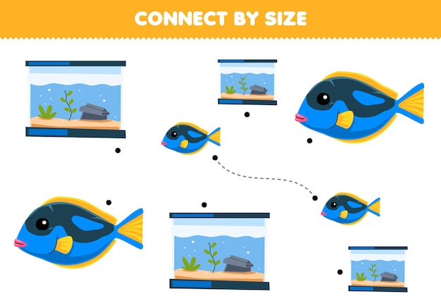 Gra Edukacyjna Dla Dzieci łączy Się Z Wielkością Uroczych Ryb I Akwarium Drukowalne Arkusze Dla Zwierząt Domowych