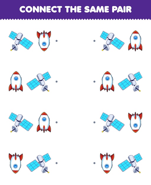 Gra Edukacyjna Dla Dzieci łączy Ten Sam Obrazek Satelity I Rakiety Do Wydrukowania Arkusza Układu Słonecznego