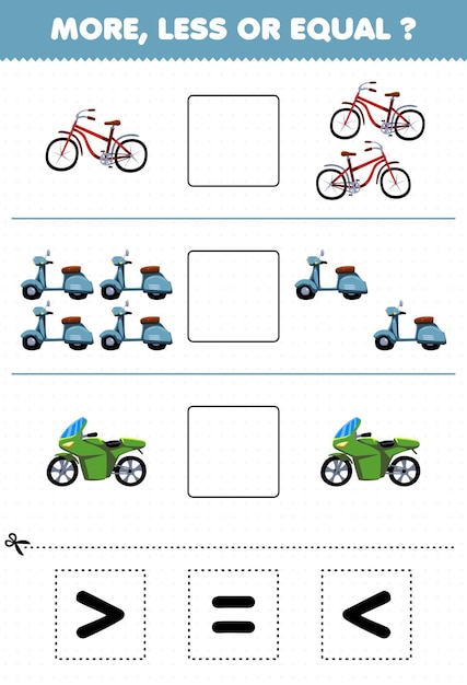 Gra Edukacyjna Dla Dzieci Mniej Lub Bardziej Równa Policz Ilość Kreskówek Transport Rowerów Rower Skuter Motocykl, A Następnie Wytnij I Przyklej Odpowiedni Znak