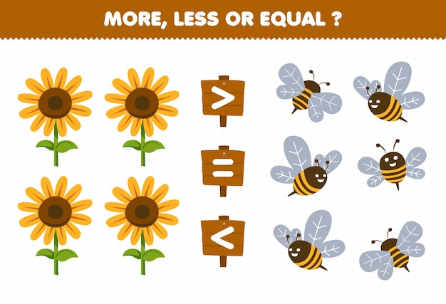 Gra Edukacyjna Dla Dzieci Mniej Więcej Liczą Ilość Słodkiej Pszczoły Z Kreskówek I Arkusza Do Wydrukowania Słonecznika
