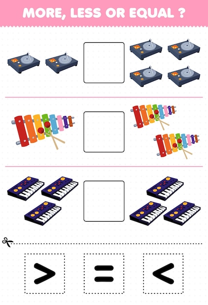 Plik wektorowy gra edukacyjna dla dzieci mniej więcej lub równa policz ilość kreskówkowego instrumentu muzycznego gramofon syntezator ksylofon, a następnie wytnij i sklej odpowiedni znak