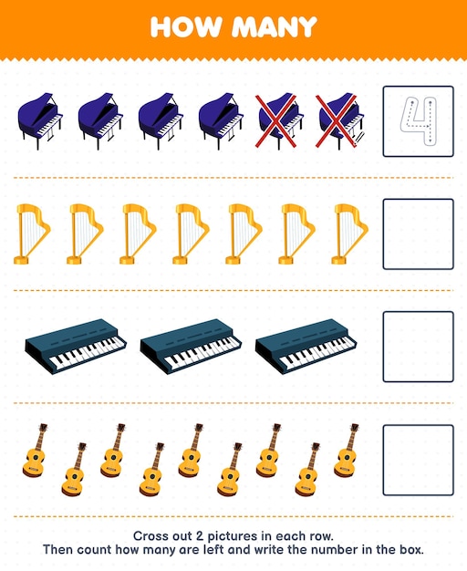 Plik wektorowy gra edukacyjna dla dzieci policz, ile gitar z harfą z kreskówek i zapisz liczbę w arkuszu instrumentów muzycznych do wydrukowania w pudełku