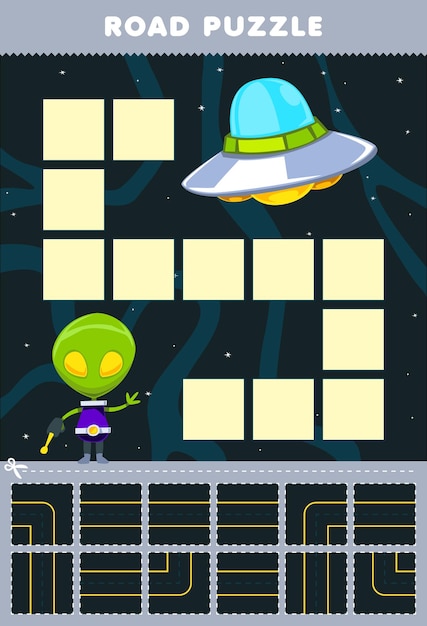 Plik wektorowy gra edukacyjna dla dzieci puzzle drogowe pomóż kosmitom przenieść się do arkusza układu słonecznego do wydrukowania ufo