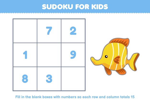 Gra edukacyjna dla dzieci sudoku dla dzieci pomóc słodkie ryby z kreskówek wypełnić pudełko z prawidłowymi liczbami drukowany arkusz zwierząt