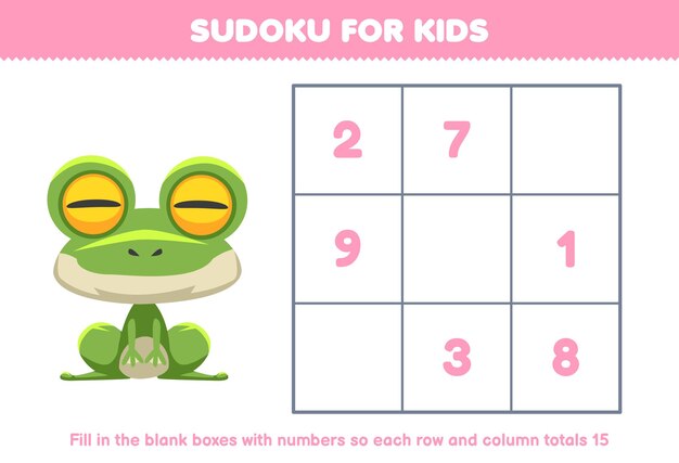 Gra edukacyjna dla dzieci sudoku dla dzieci pomóc urocza żaba z kreskówki wypełnić pudełko z prawidłowymi liczbami drukowany arkusz zwierząt