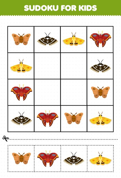 Gra edukacyjna dla dzieci sudoku dla dzieci z arkuszem błędów do wydrukowania z cute kreskówki ćmy