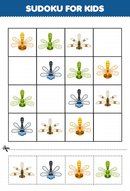 Gra Edukacyjna Dla Dzieci Sudoku Dla Dzieci Z Arkuszem Błędów Z Cute Ważką Z Kreskówek