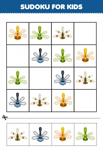 Gra Edukacyjna Dla Dzieci Sudoku Dla Dzieci Z Arkuszem Błędów Z Cute Ważką Z Kreskówek