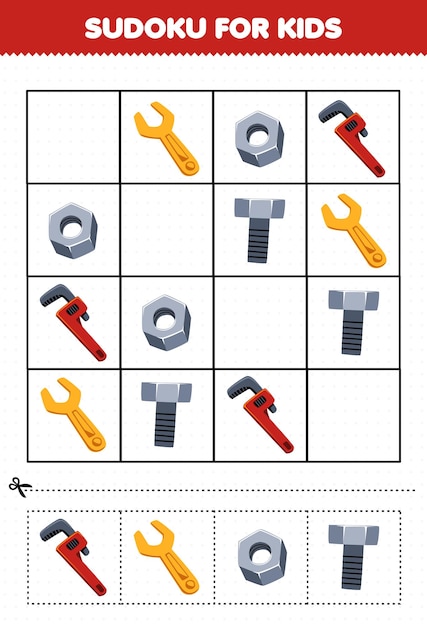 Plik wektorowy gra edukacyjna dla dzieci sudoku dla dzieci z arkuszem narzędzi do druku klucz do nakrętek z kreskówek