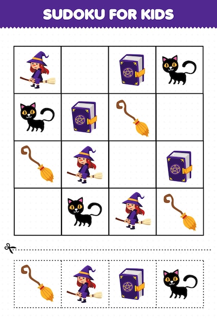 Gra Edukacyjna Dla Dzieci Sudoku Dla Dzieci Z Cute Cartoon Black Cat Spell Book Miotła Czarownica Kostium Halloween Arkusz Do Druku