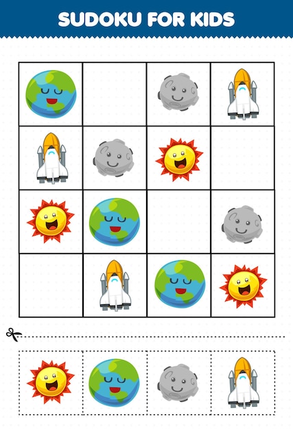 Gra edukacyjna dla dzieci sudoku dla dzieci z cute cartoon planety układu słonecznego planeta ziemia statek kosmiczny słońce obraz